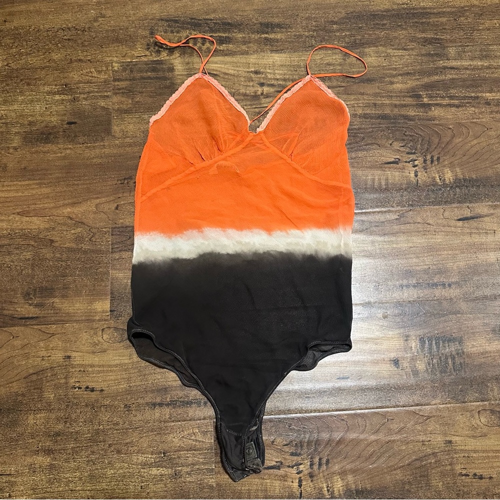 Earth Red White Grey Tie Dye Sexy Sheer Strappy Bodysuit